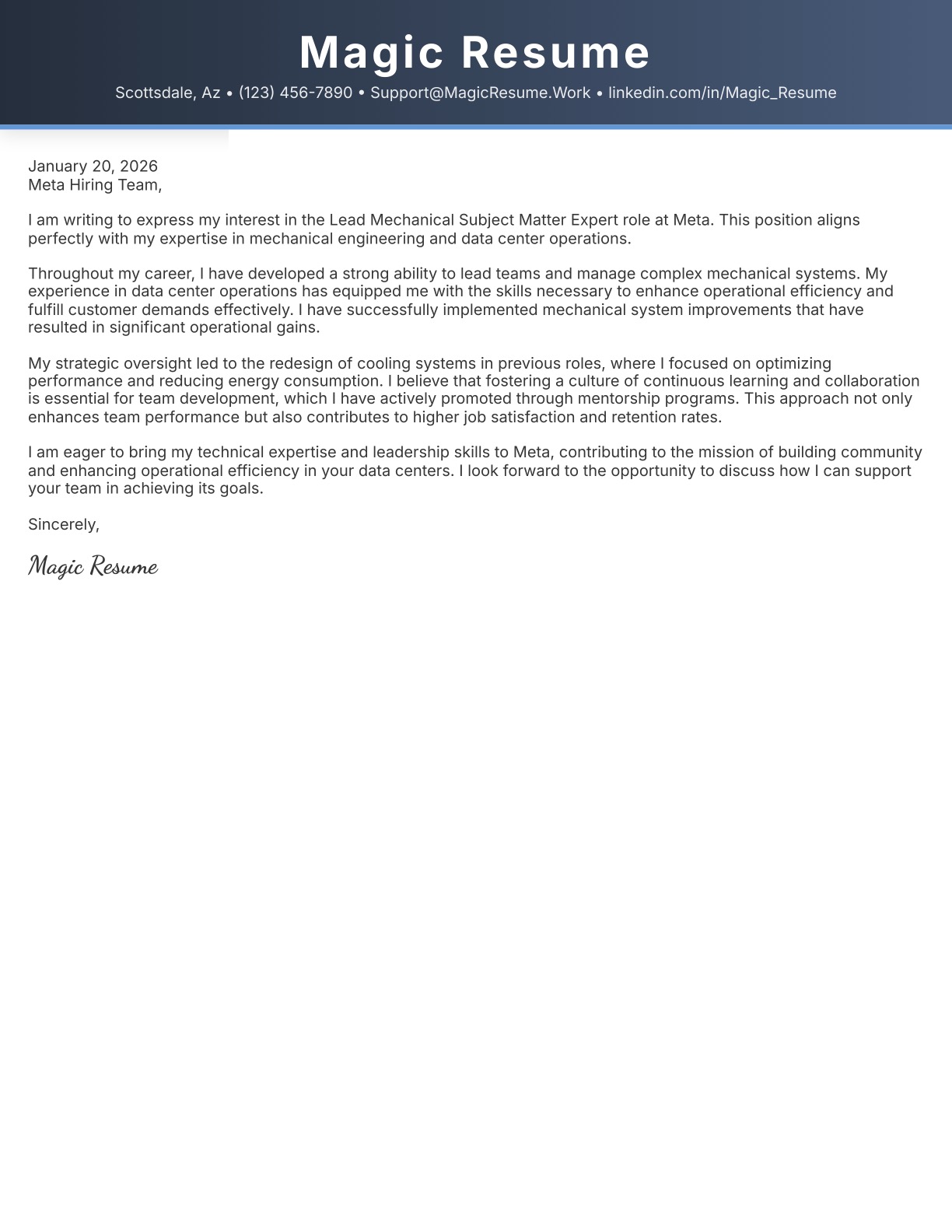 Navy gradient ATS-friendly cover letter template preview by Magic Resume